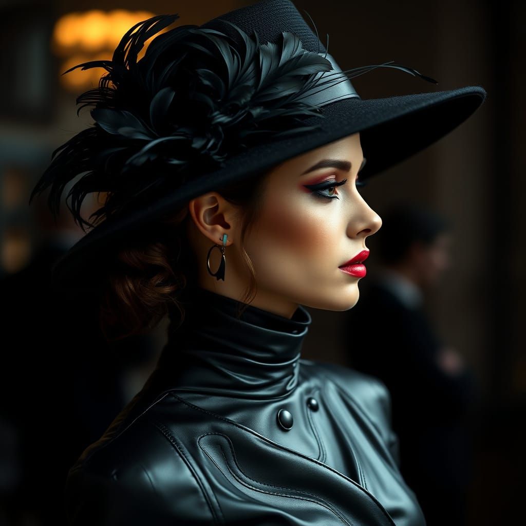 A photo of a woman in profile wearing a sophisticated black ...