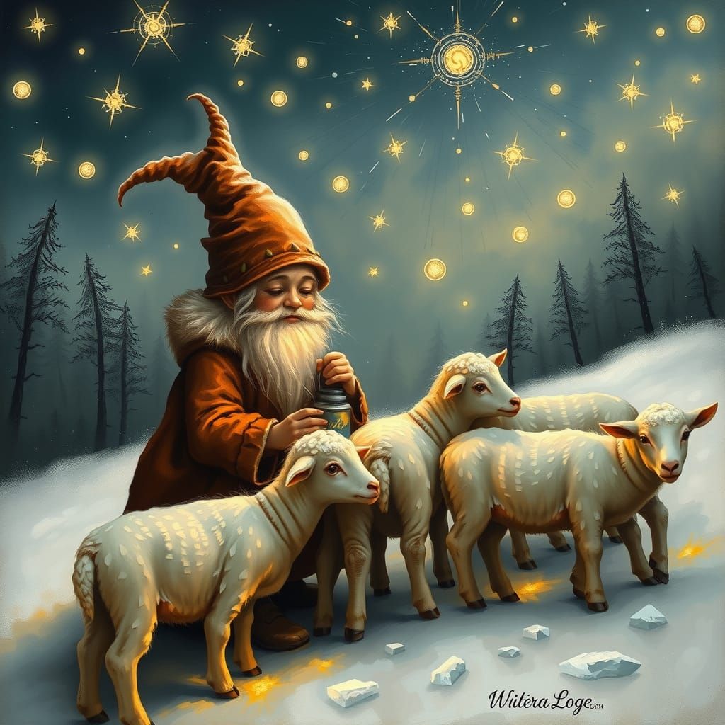 Gnome Shepherdess Caring for Lambs in Winter Night