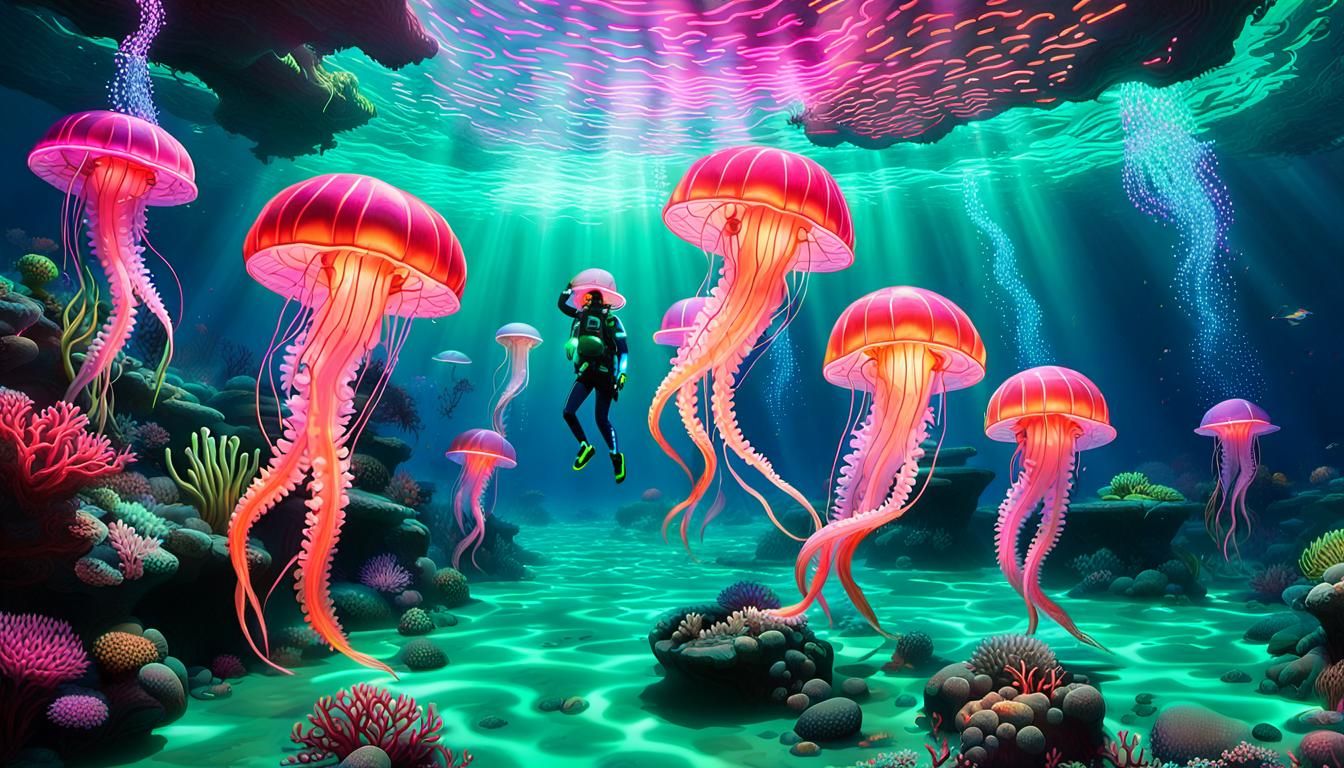 ocean floor dance party, coral reef dance floor, humans, marine life, jellyfish, people dancing in florescent glowing sc...