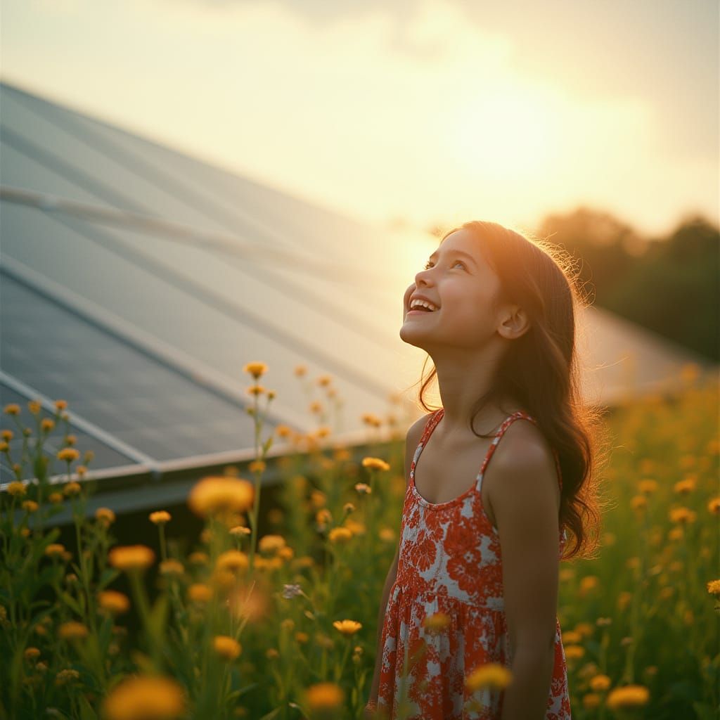 Young Girl Surrounded by Solar Panels in Vibrant Meadow