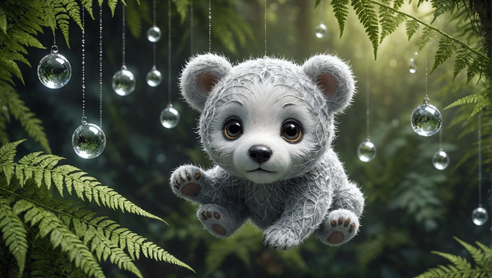 Cute Bear Cub with Dewdrop Baubles, Fantasy Digital Art