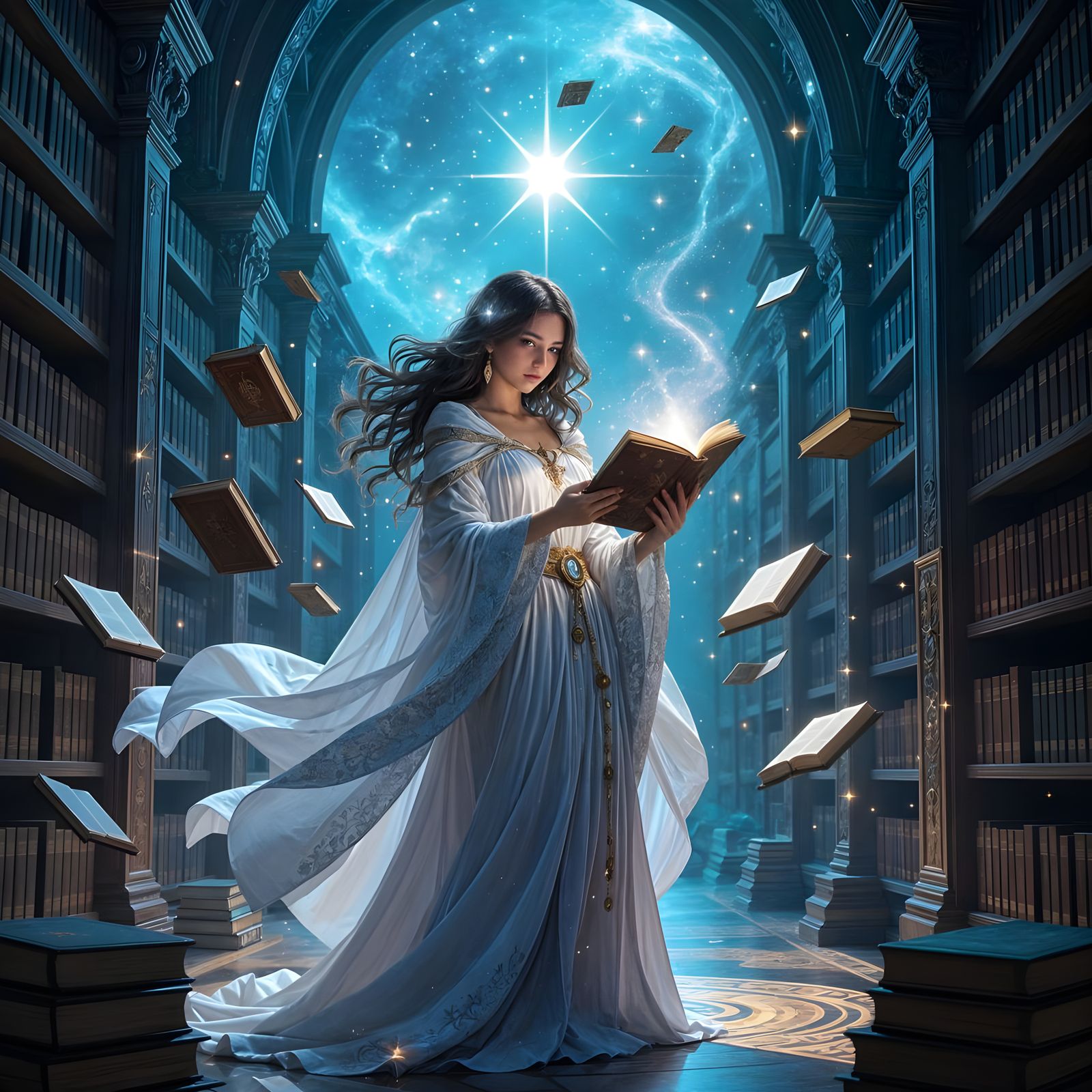 Celestial Librarian in Cosmic Library, Art Nouveau Style