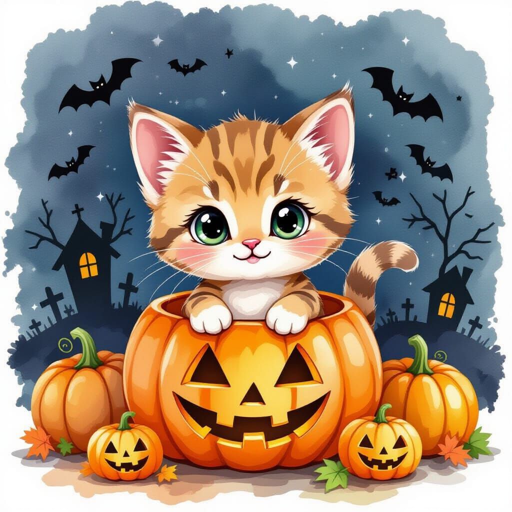 Cute Chibi Kitten in Pumpkin with Halloween Pumpkins, Waterc...