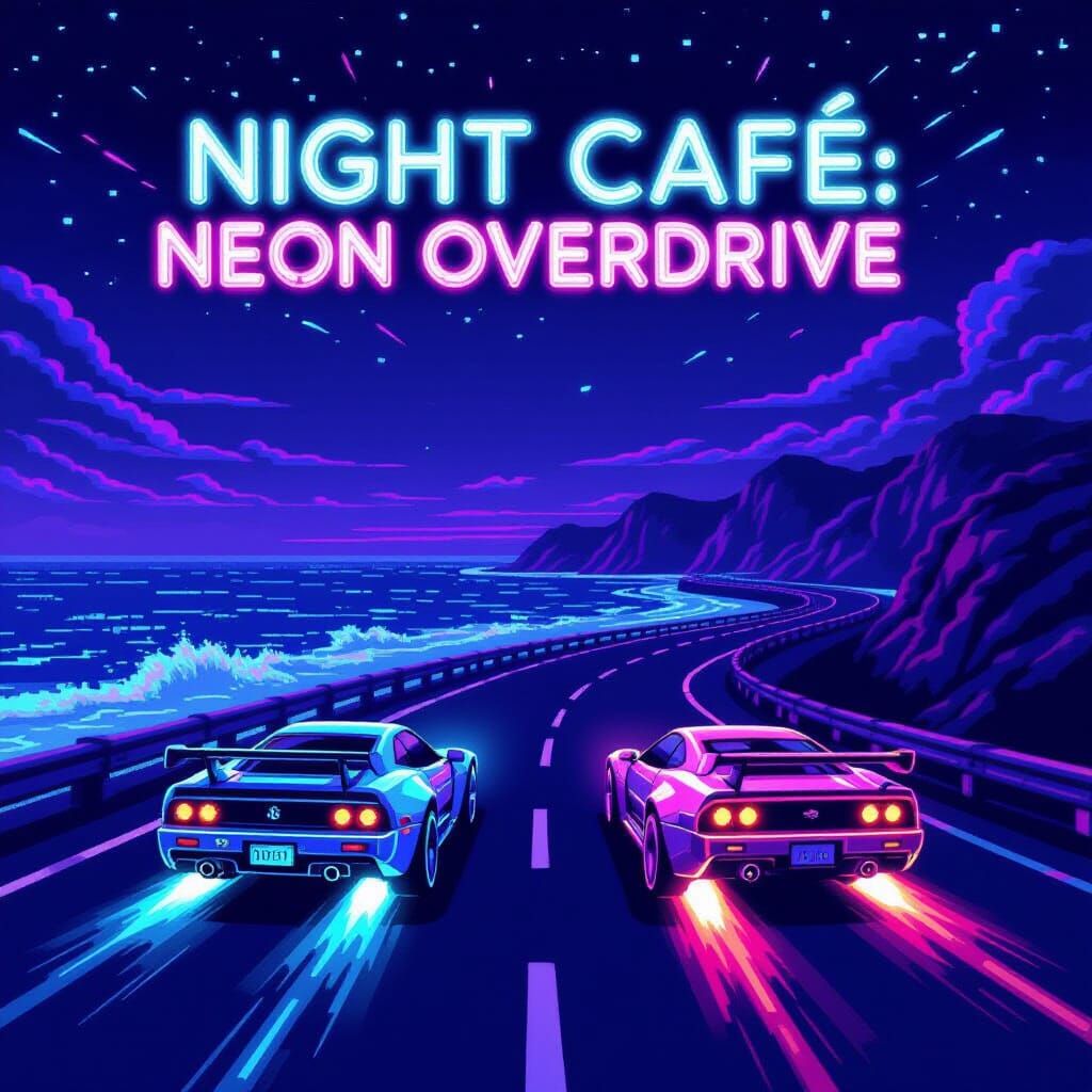 Title screen of a retro 8-bit arcade racing game called "Night Café: Neon Overdrive

Two wildly exaggerated neon racing ...
