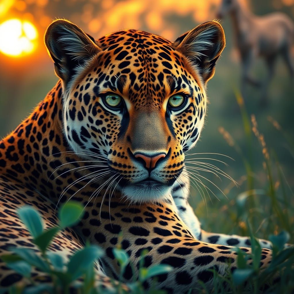 Majestic Leopard in Golden Savannah Sunset