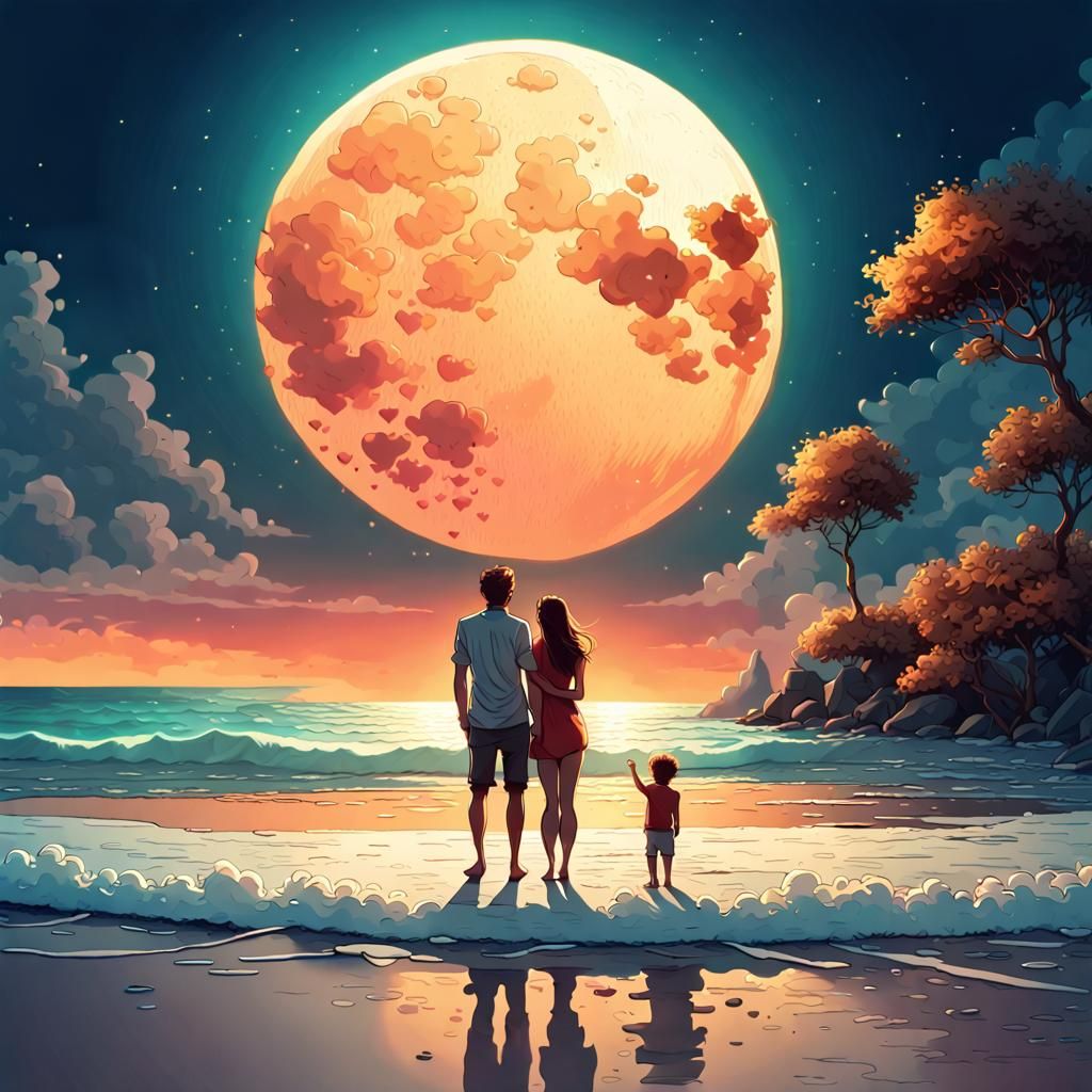 Family Portrait on Beach with Glowing Moon in Digital Art