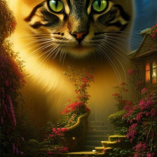 Reflective-Eyed Cat Portrait in Garden, Matte Painting