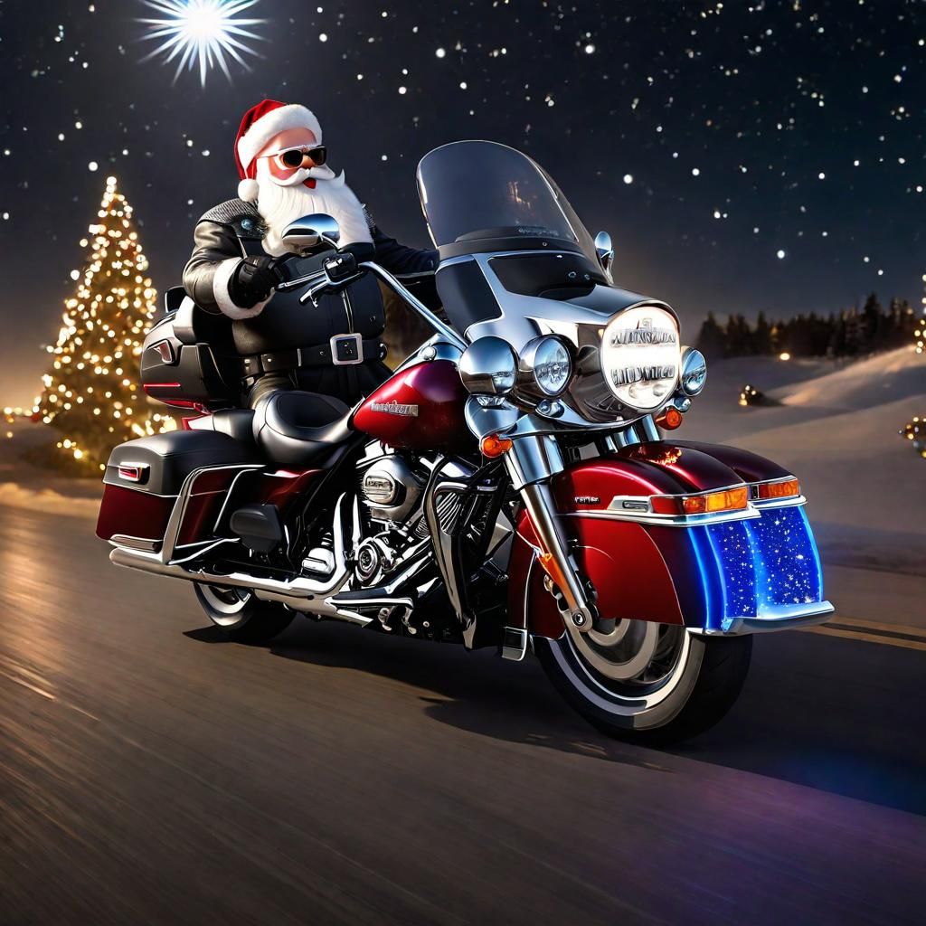 Santa Claus Rides Harley Through Starry Sky
