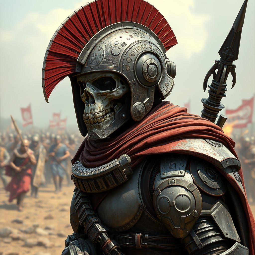 Cyberpunk Warrior in Ancient Roman Armor, Futuristic Battlef...