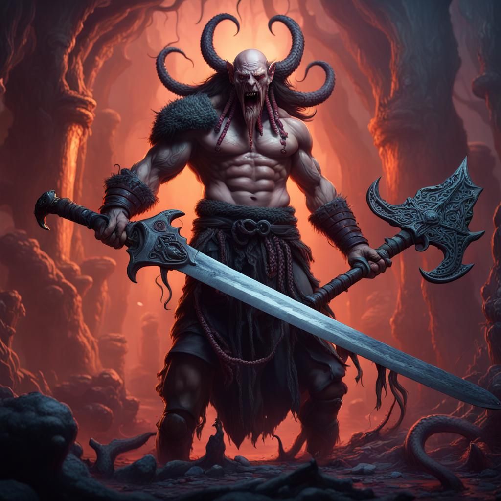 Mutated Barbarian Mindflayer with Chainsaw Sword