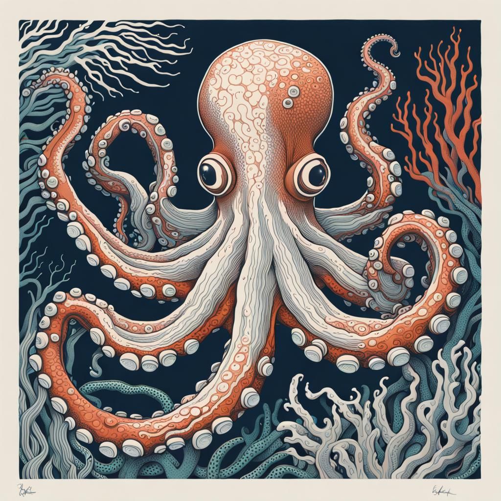 Octopus Garden in Detailed Linocut Style