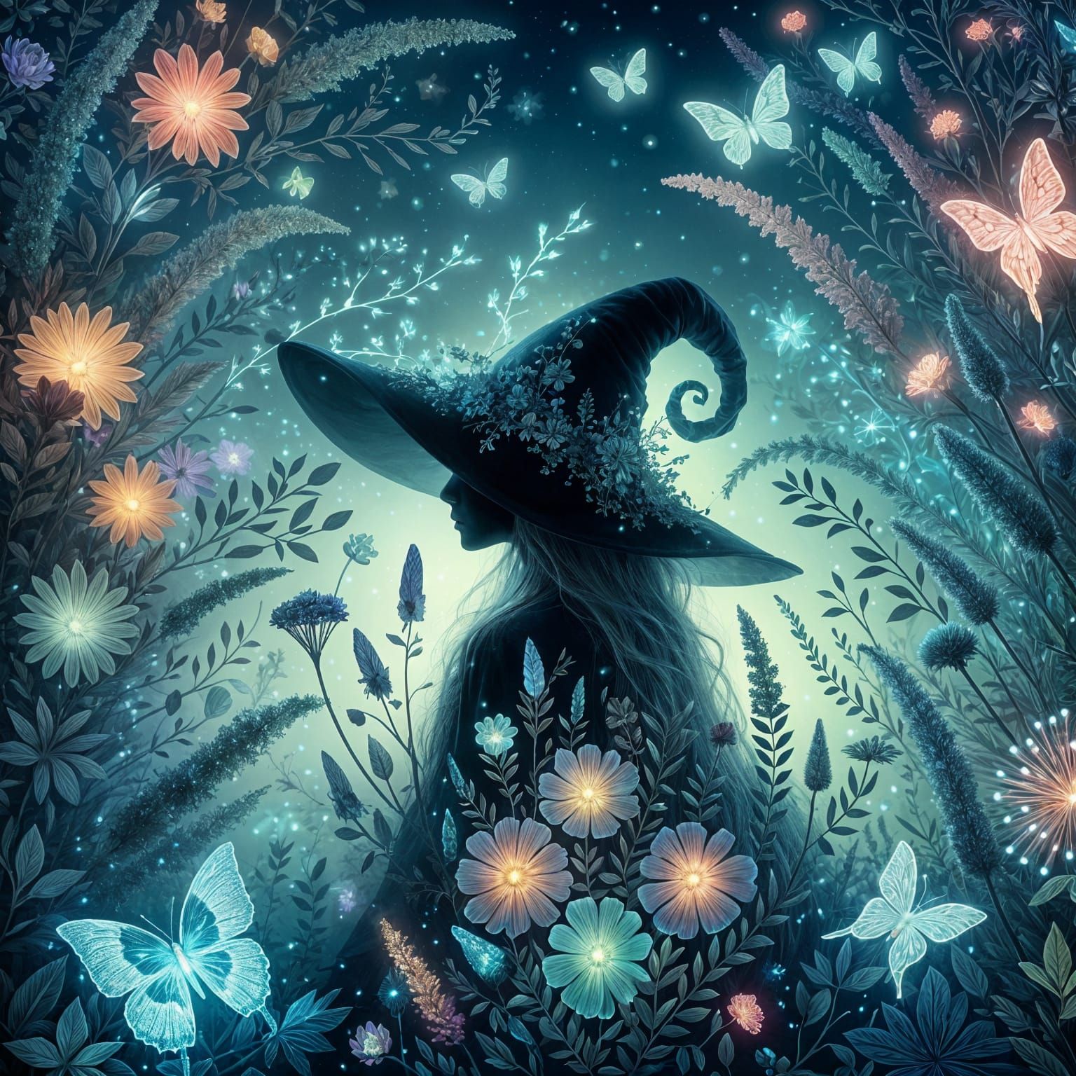 Mystical Witch in Bioluminescent Magical Garden