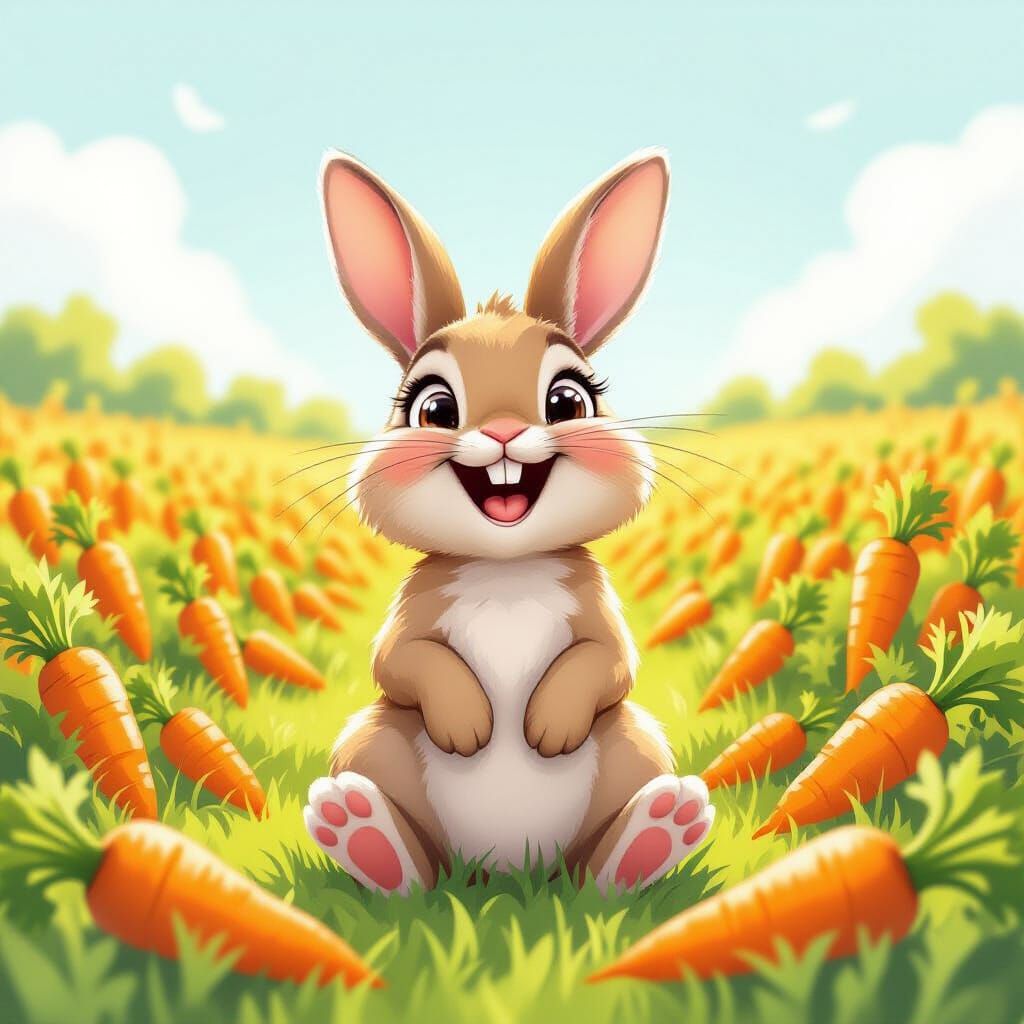Laughing Bunny in Carrot Field: Watercolor Art