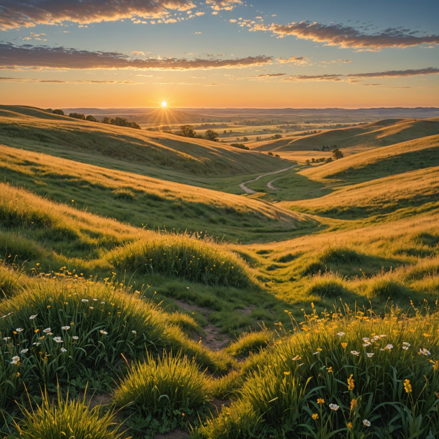 A peaceful sunrise over a lush prairie on december 19. The golden light of the morning sun bathes the rolling hills and ...