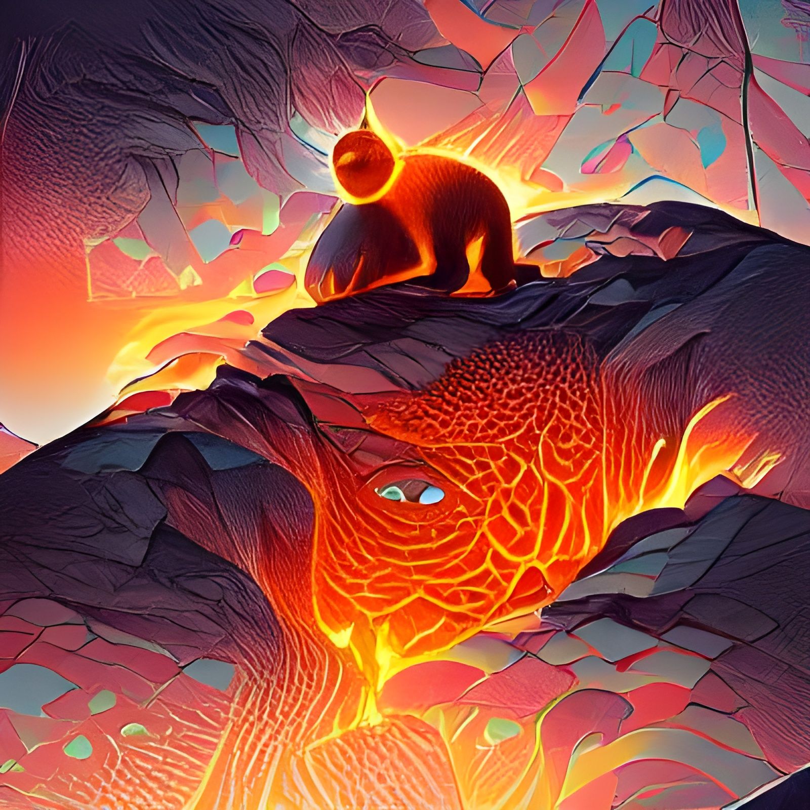 Lava Kitten in Volcano: Cel-Shaded Illustration