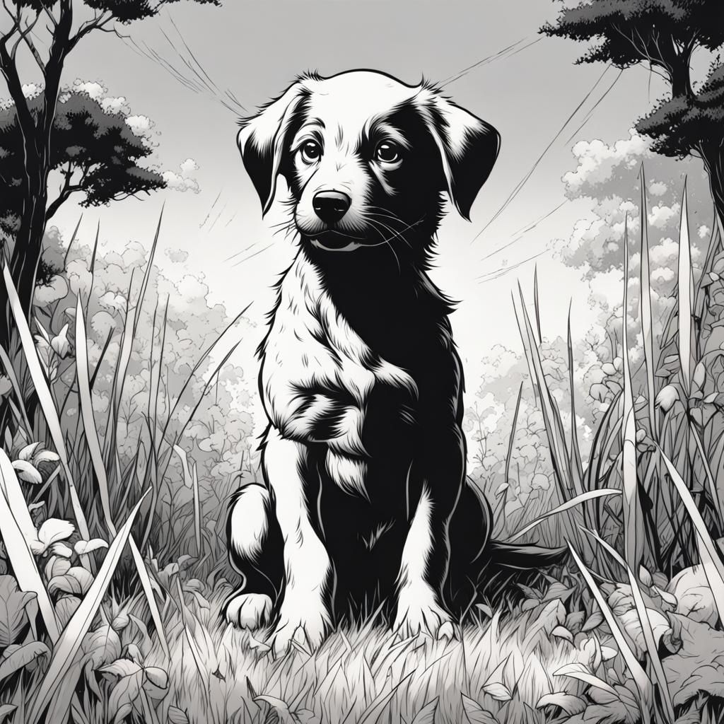 Simple Puppy Outline in Grass: Comic Book Art