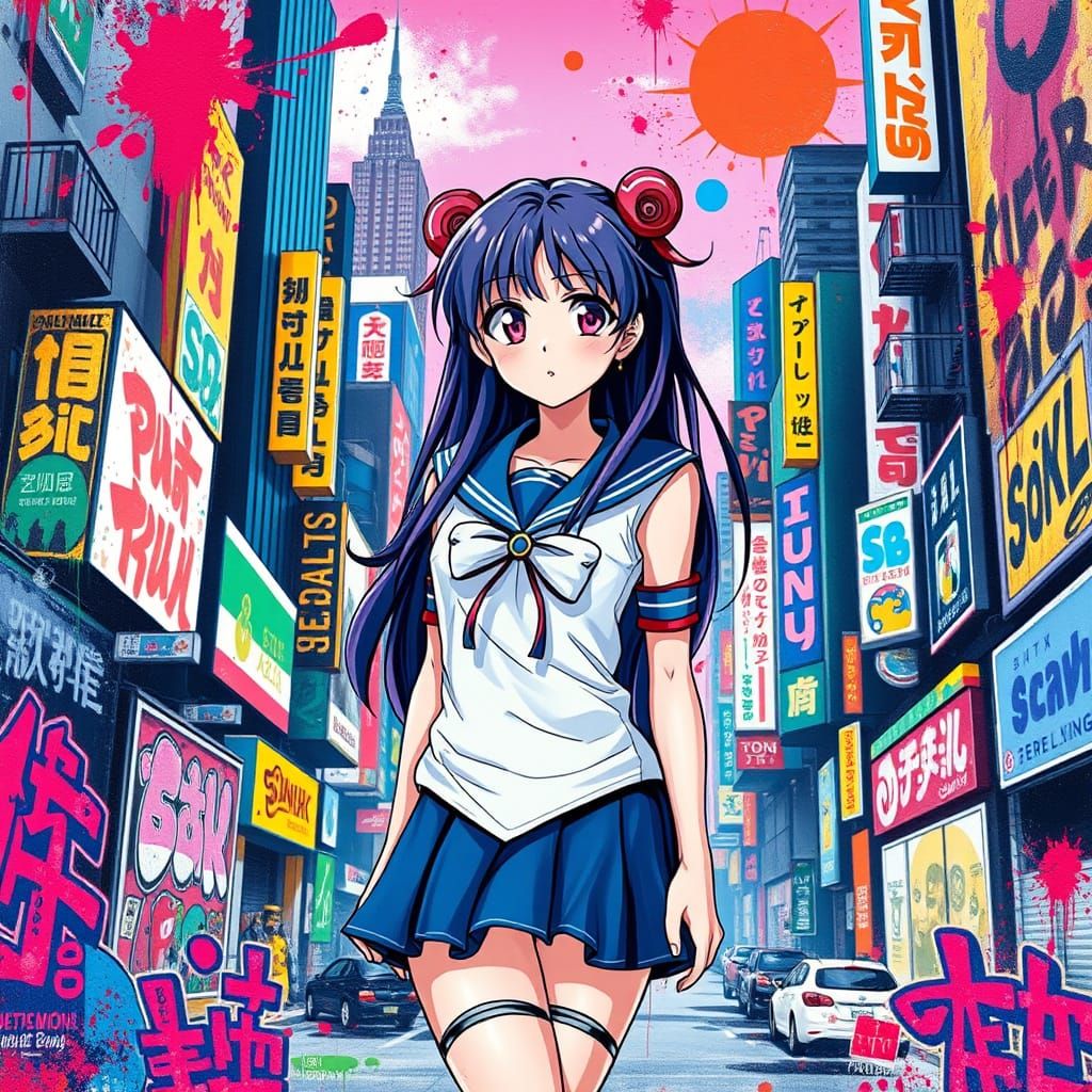 Anime Girl in Sailor Moon Cityscape with Graffiti