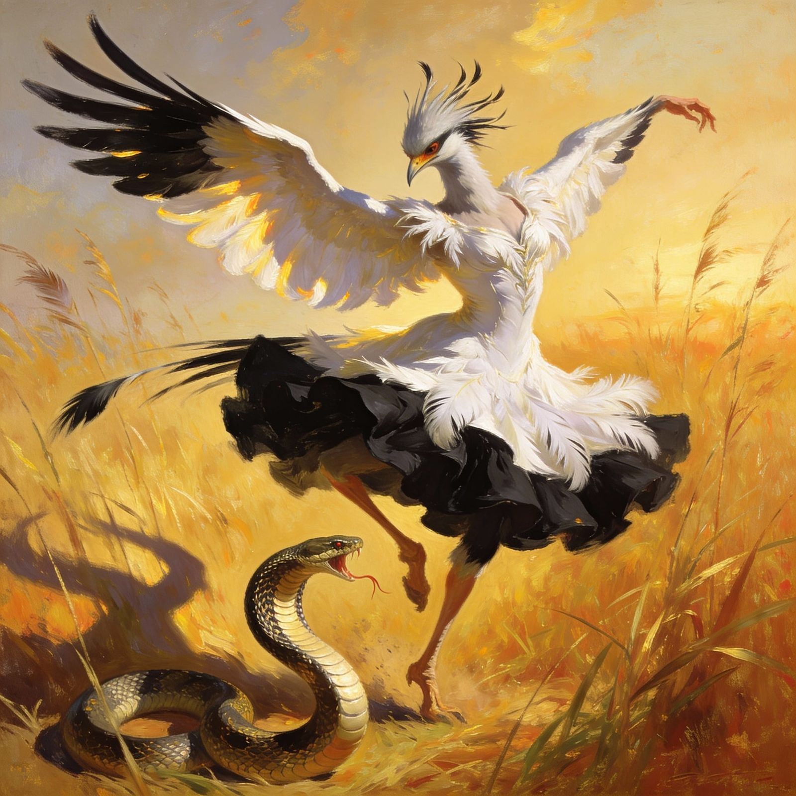 Secretarybird Flamenco Dancer in Grass with Cobra