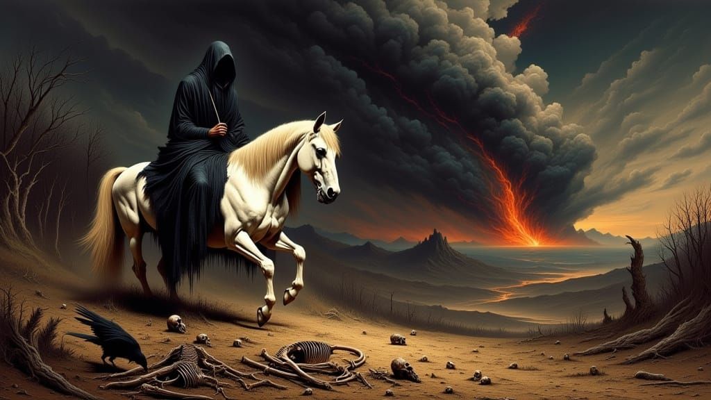 Majestic Pale Horse Rides Through Desolate Landscape in a Da...