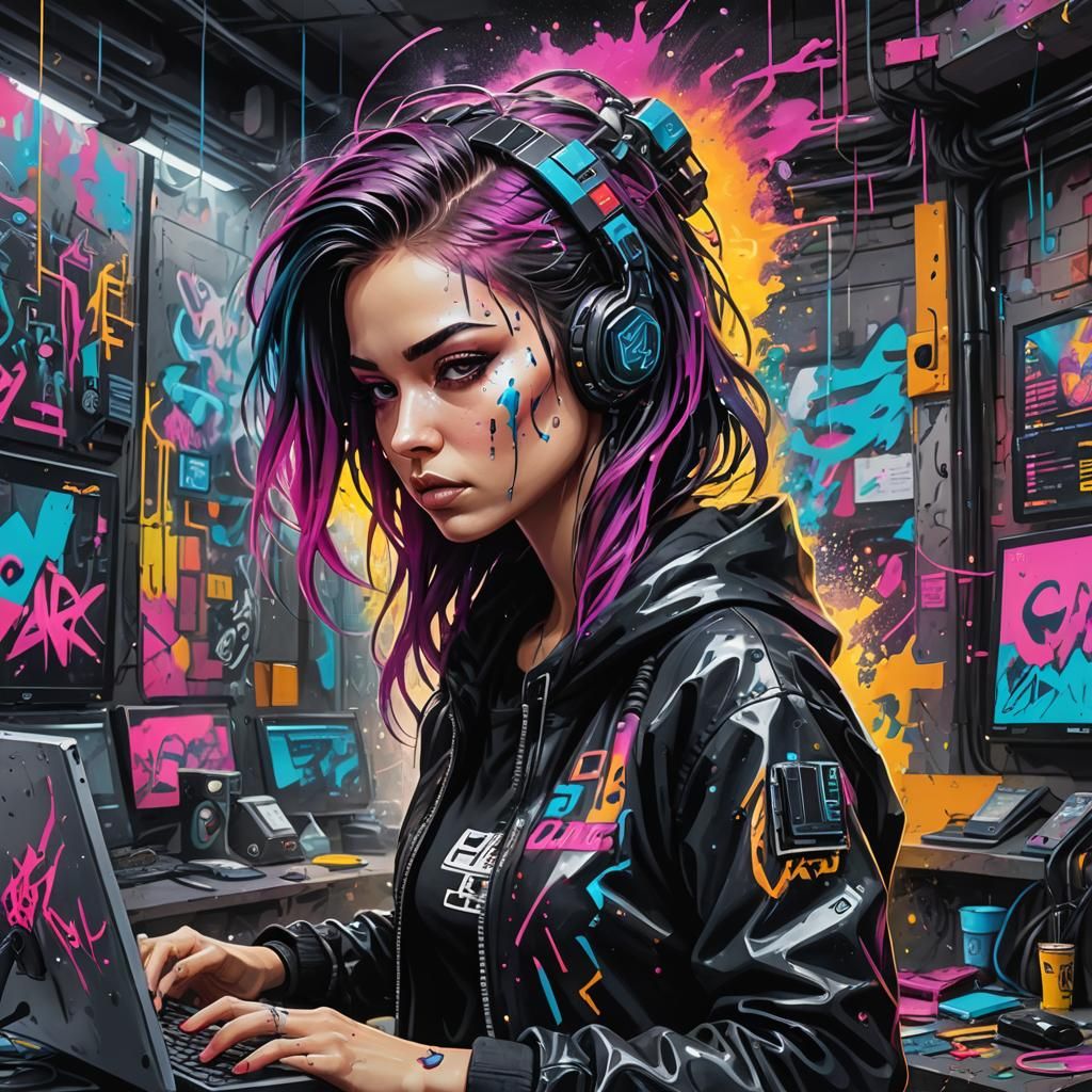 Cyberpunk Woman Computer Graffiti Art