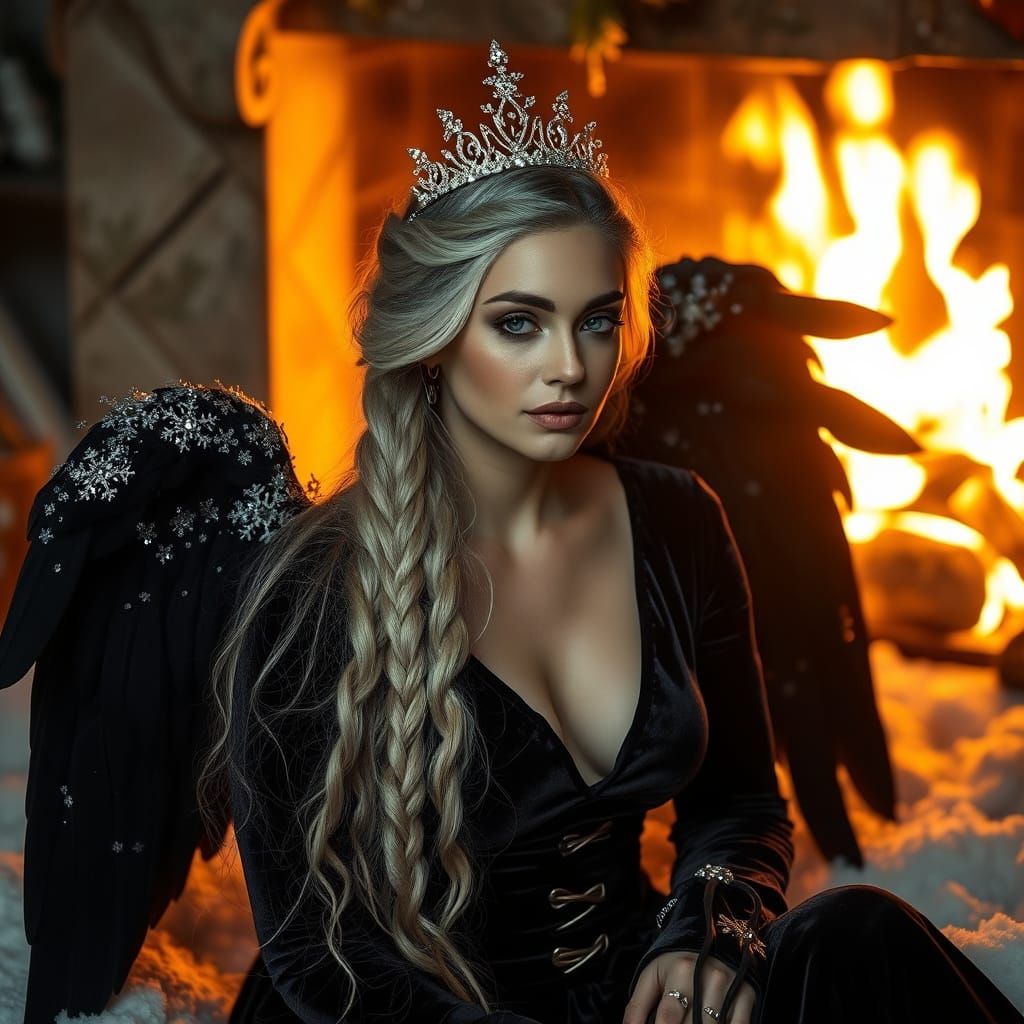 Winter Goddess in Velvet Attire, Black Wings, and Sparkling ...