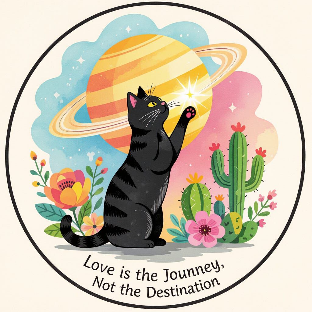 Cat Reaching for Saturn in Watercolor Circle