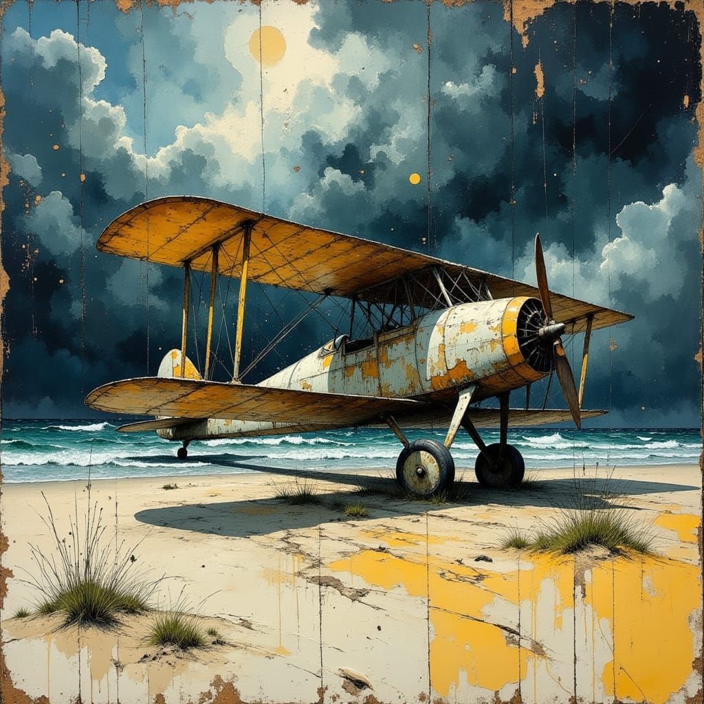 Weathered Biplane on Desolate Beach as Gritty Oil Painting