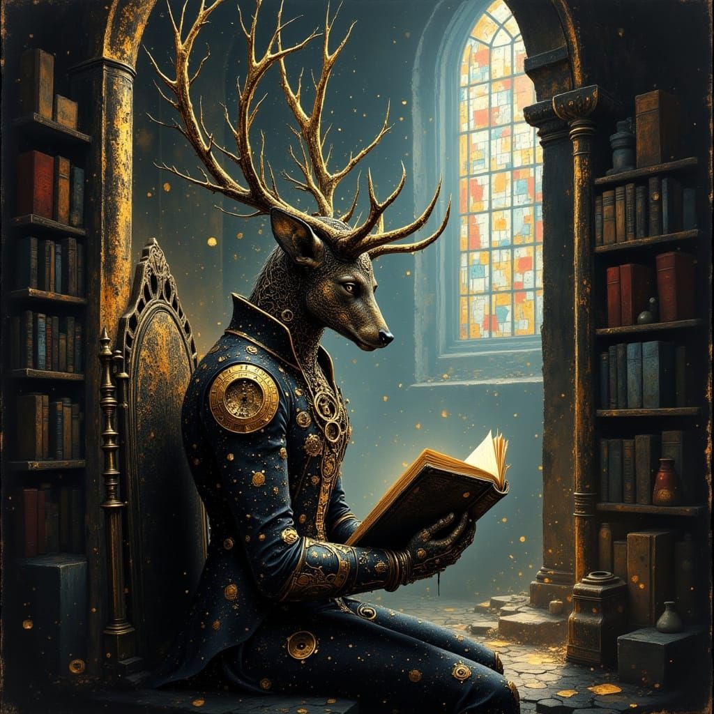 Steampunk Stag Reads in Antique Library