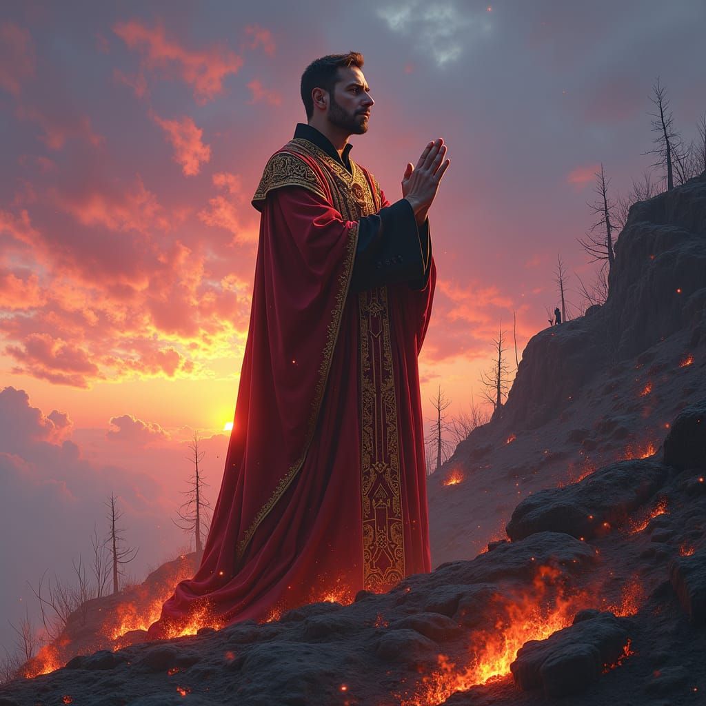 Fiery Prayer: Priest Amidst a Blazing Landscape