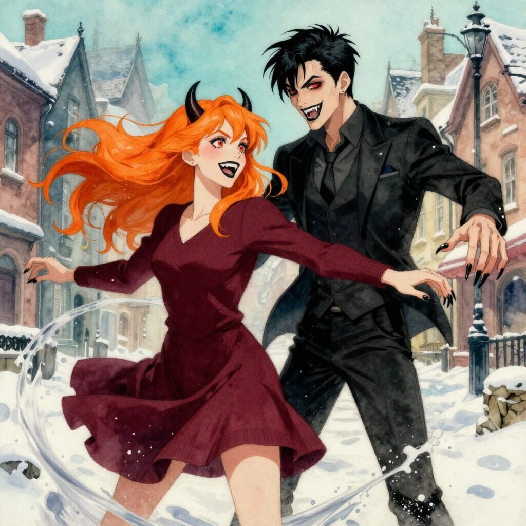 Demons Dancing in Wintry Town Watercolor Concept Art