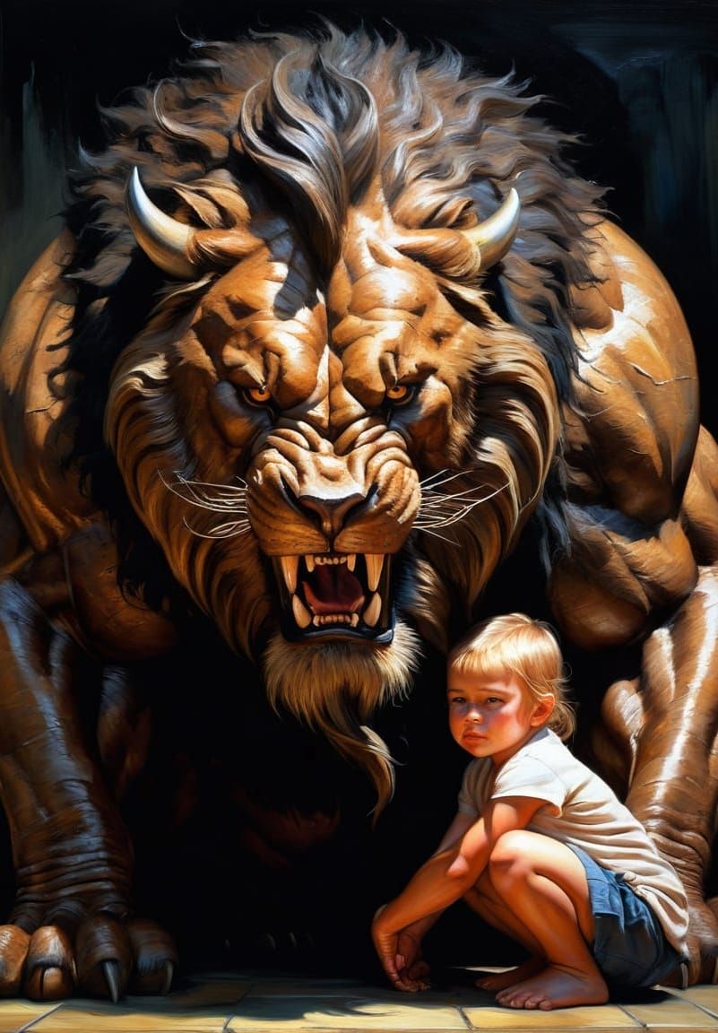 Protective Beast Shields Child in Fantasy Art