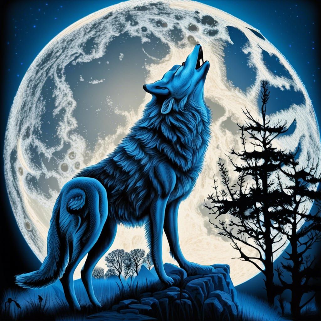 Wolf Howling at Moon Under Crow-Filled Sky