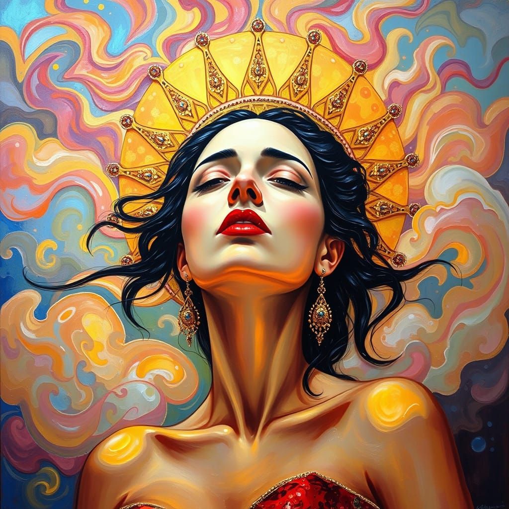 Vibrant Goddess Rises with Morning Sun in Neo-Impressionist....