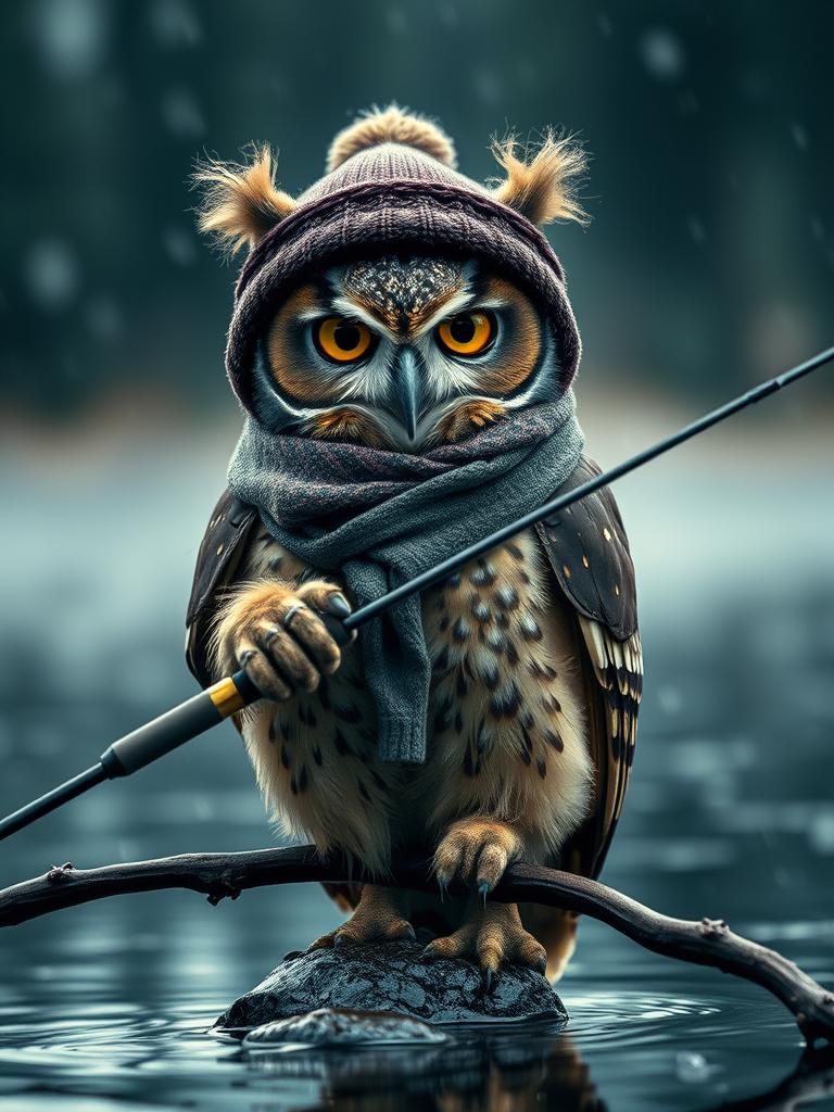Humanoid Owl Fishing in Rainy Forest Lake