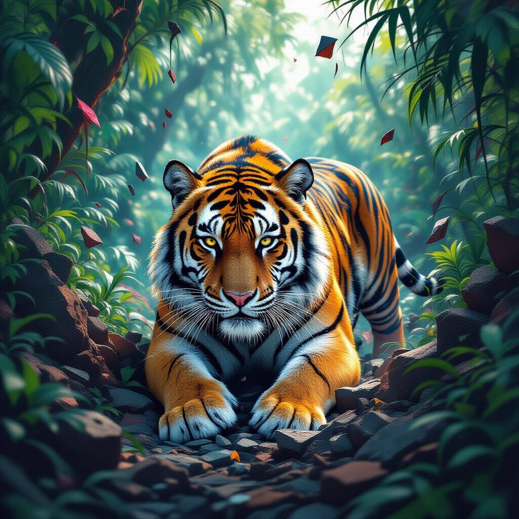 Tiger in Jungle of Shattered Steel, Digital Art