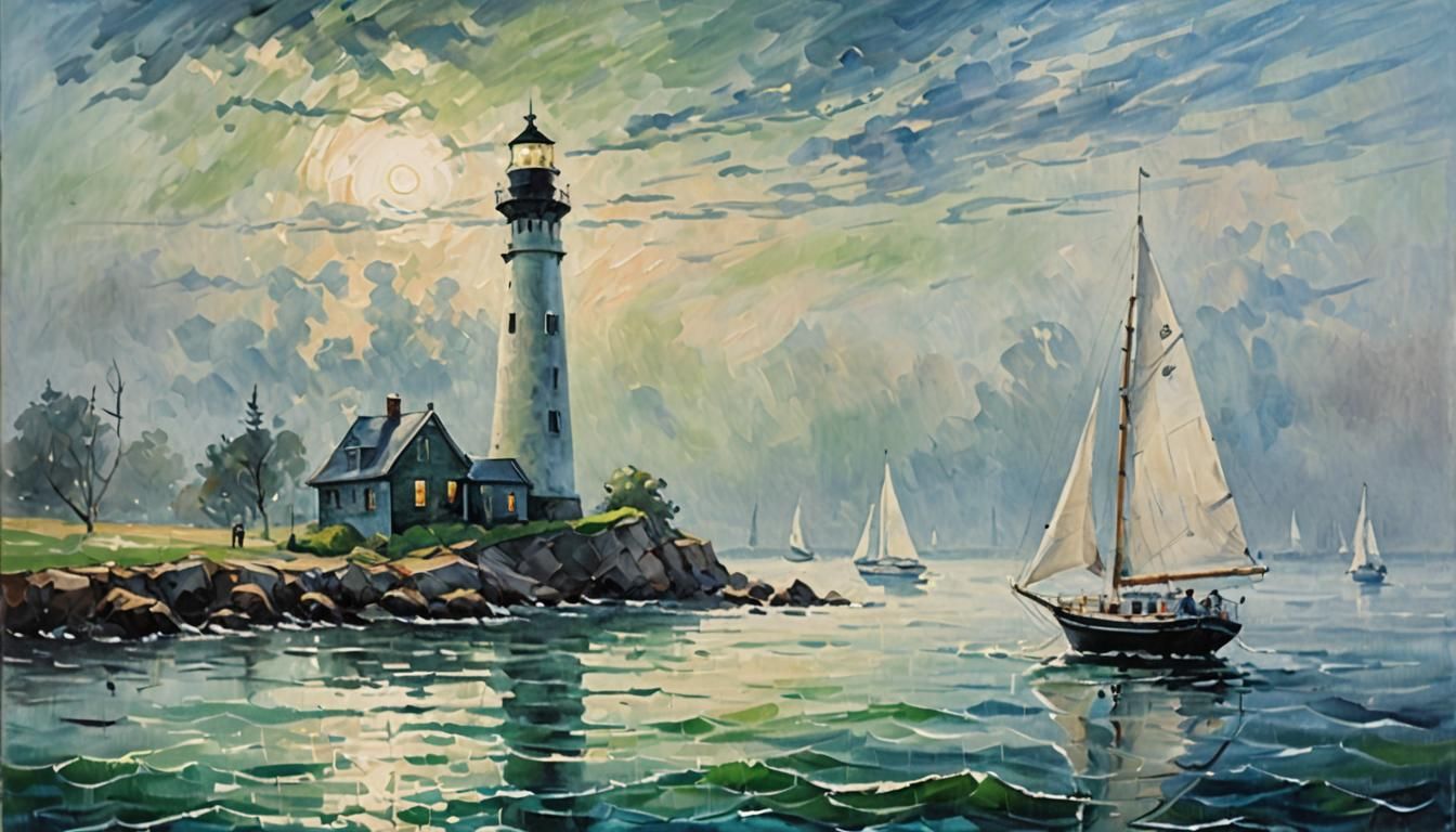 Impressionist Sailboat and Lighthouse Oil Painting