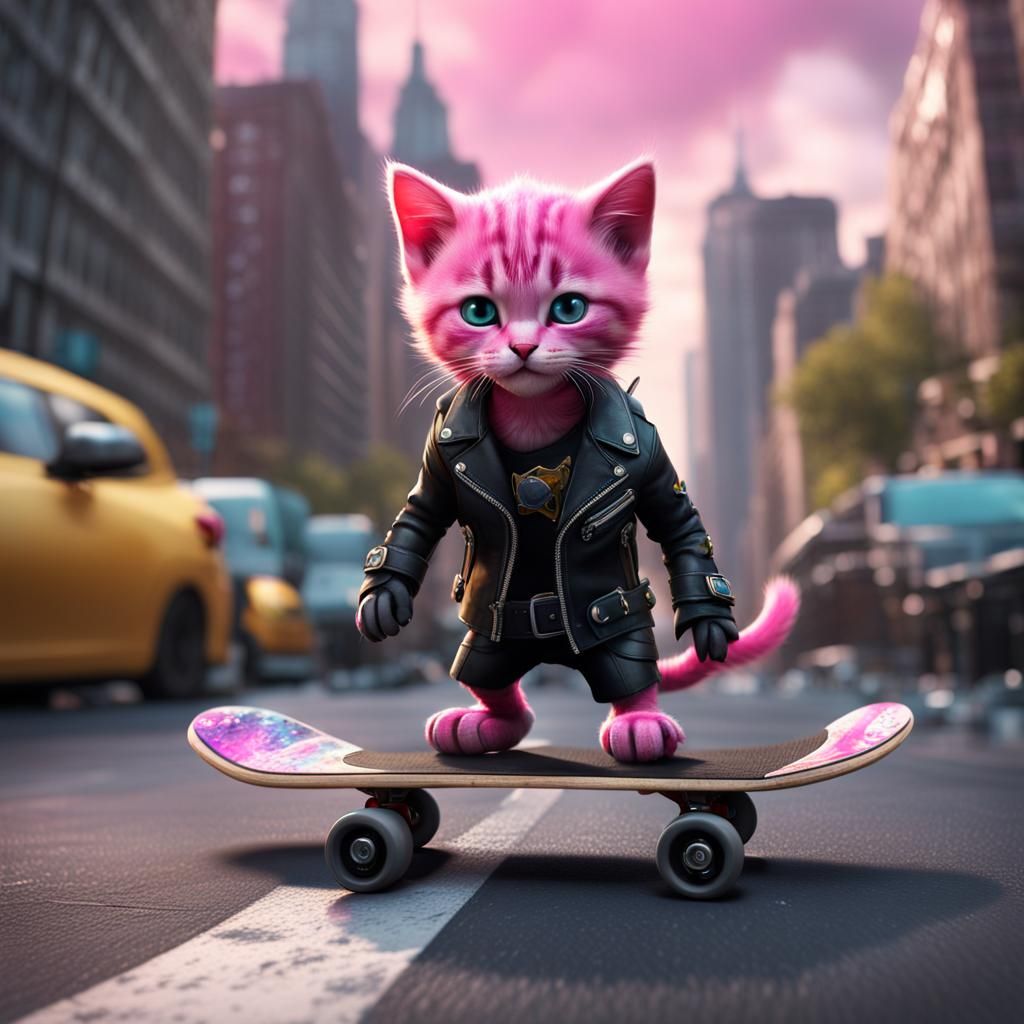 Pink Kitten Skateboarder in Cityscape, Fantasy Art