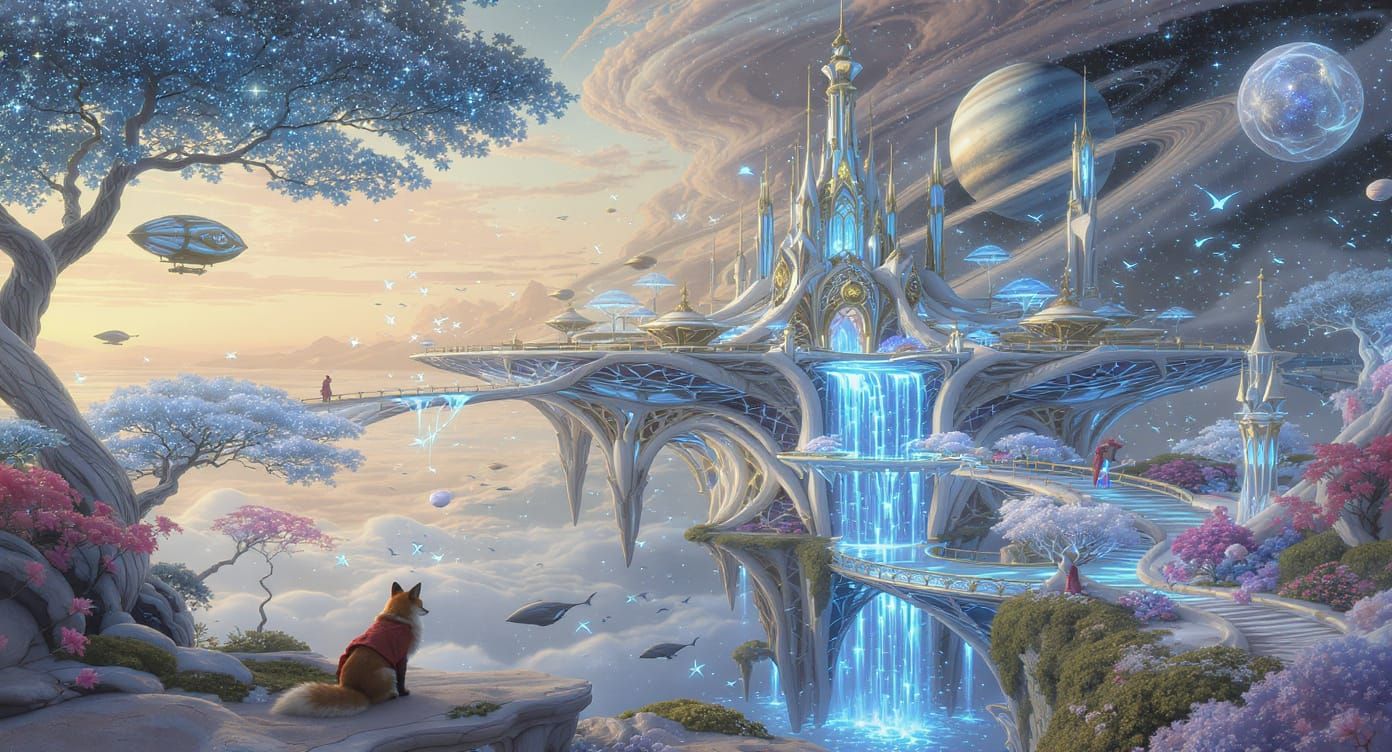 Surreal Sky-Ocean City with Bioluminescent Details