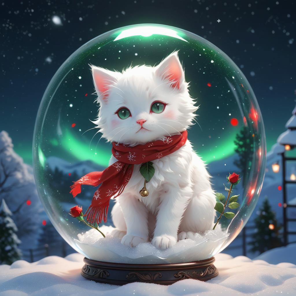 Kitten in Crystal Orb with Northern Lights: Anime Art