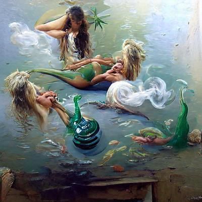 Mermaids Smoking: Fantasy Oil Painting