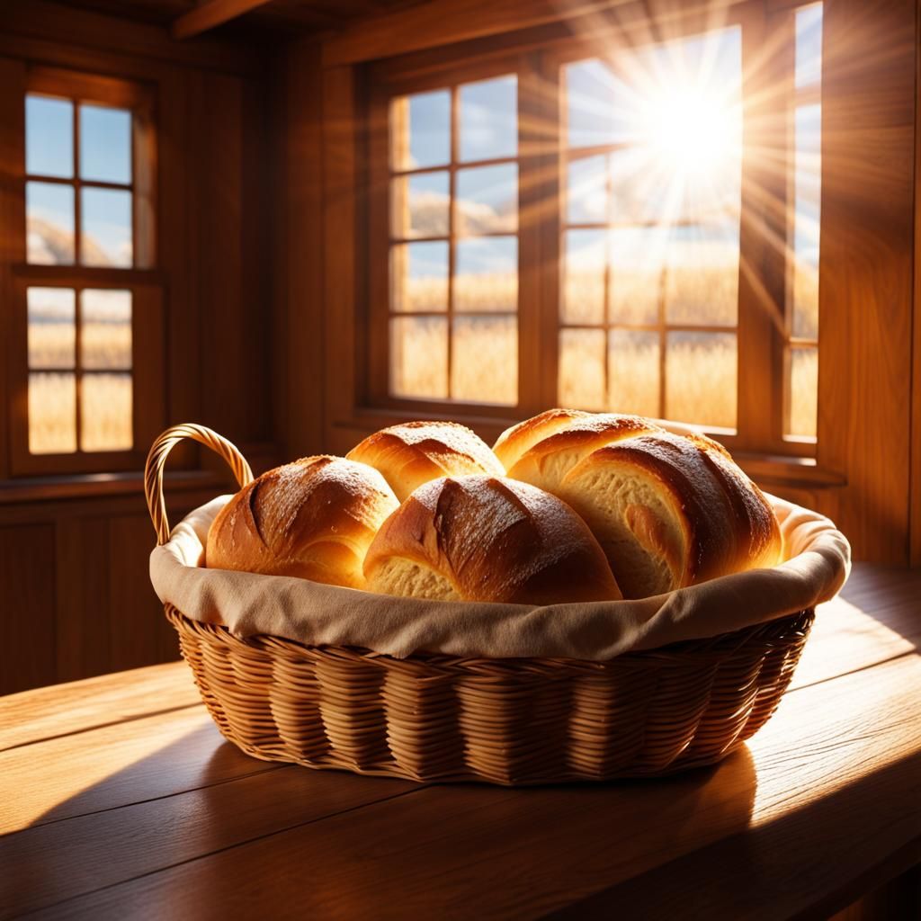 Warm Bread in Basket with Sunlight