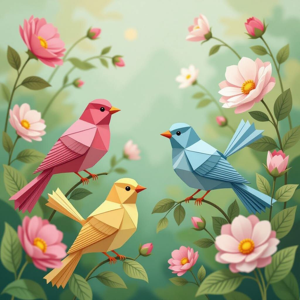 Pastel Origami Birds in Surreal Garden Art