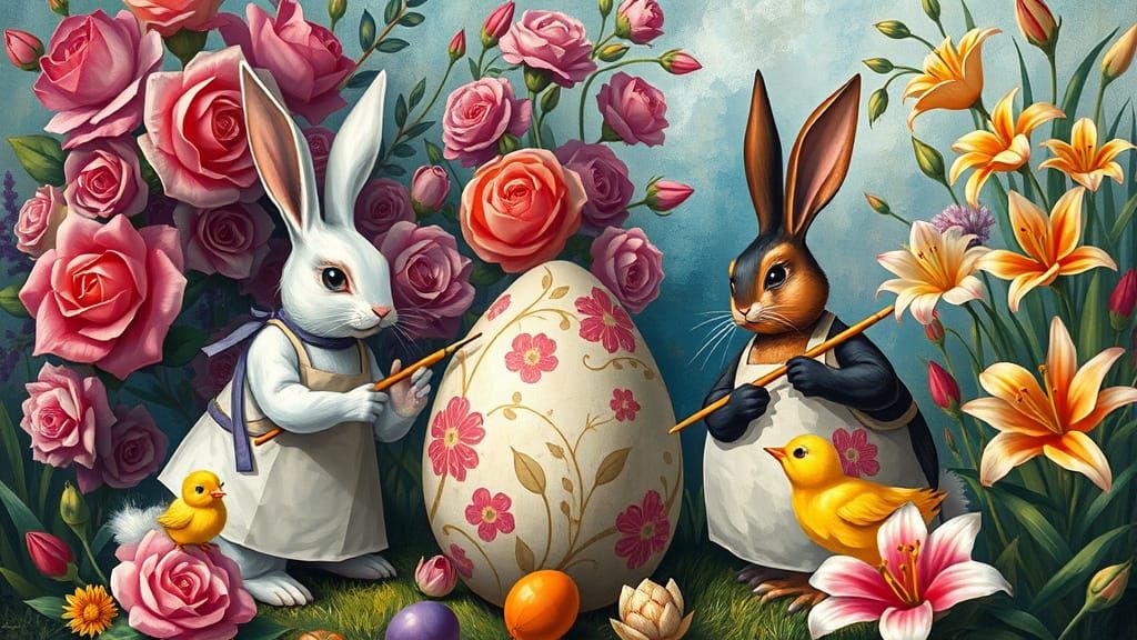 Rabbits and Chicks Painting Easter Eggs in Cubist Style