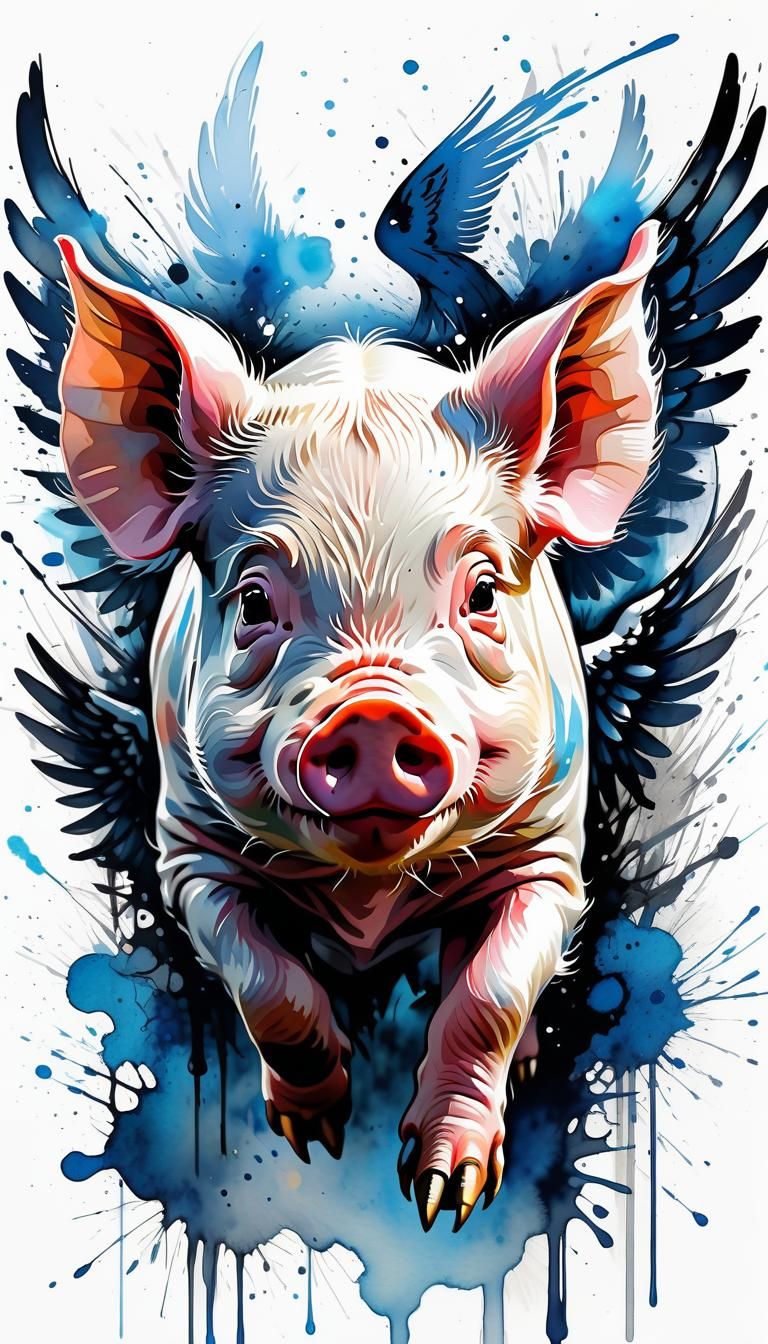 Watercolor Pig with Wings in Black and White