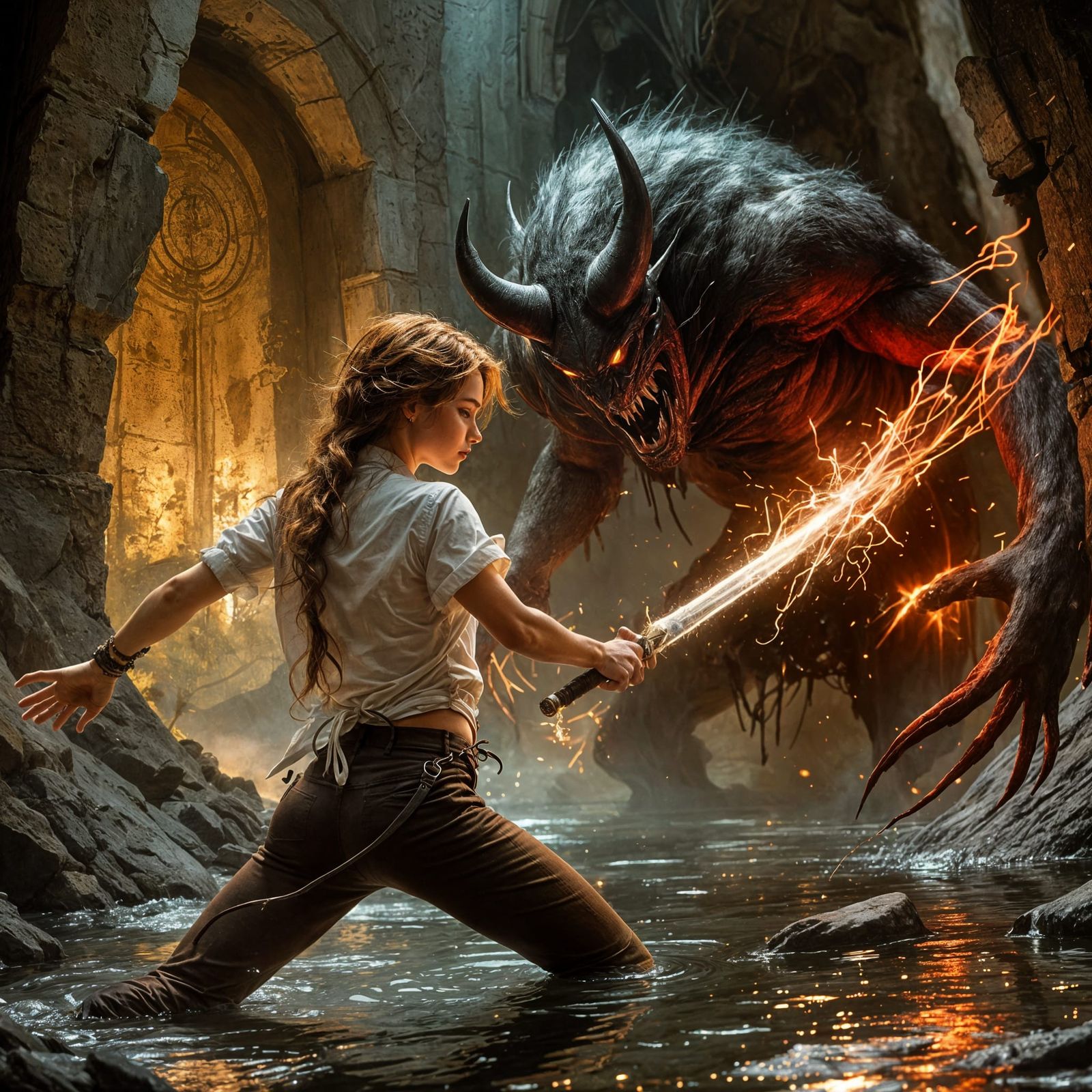 Fantasy Woman Battles Demon with Magic Runes