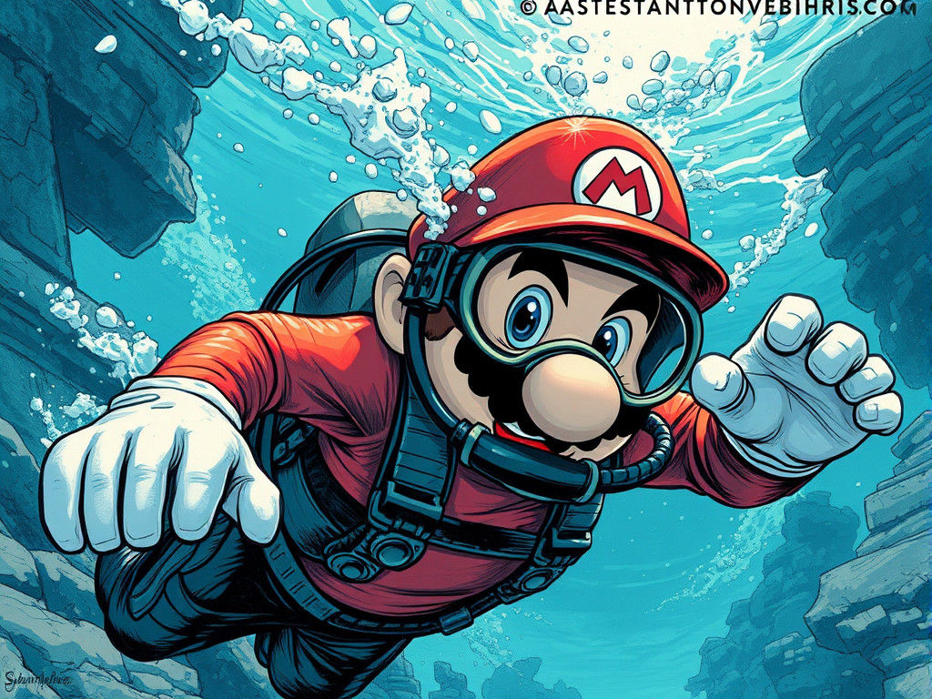 Mario Underwater Action Scene in Acrylic Style