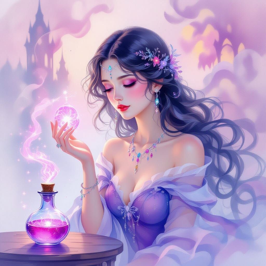 Ethereal Woman in Pink Mist with Magical Vial