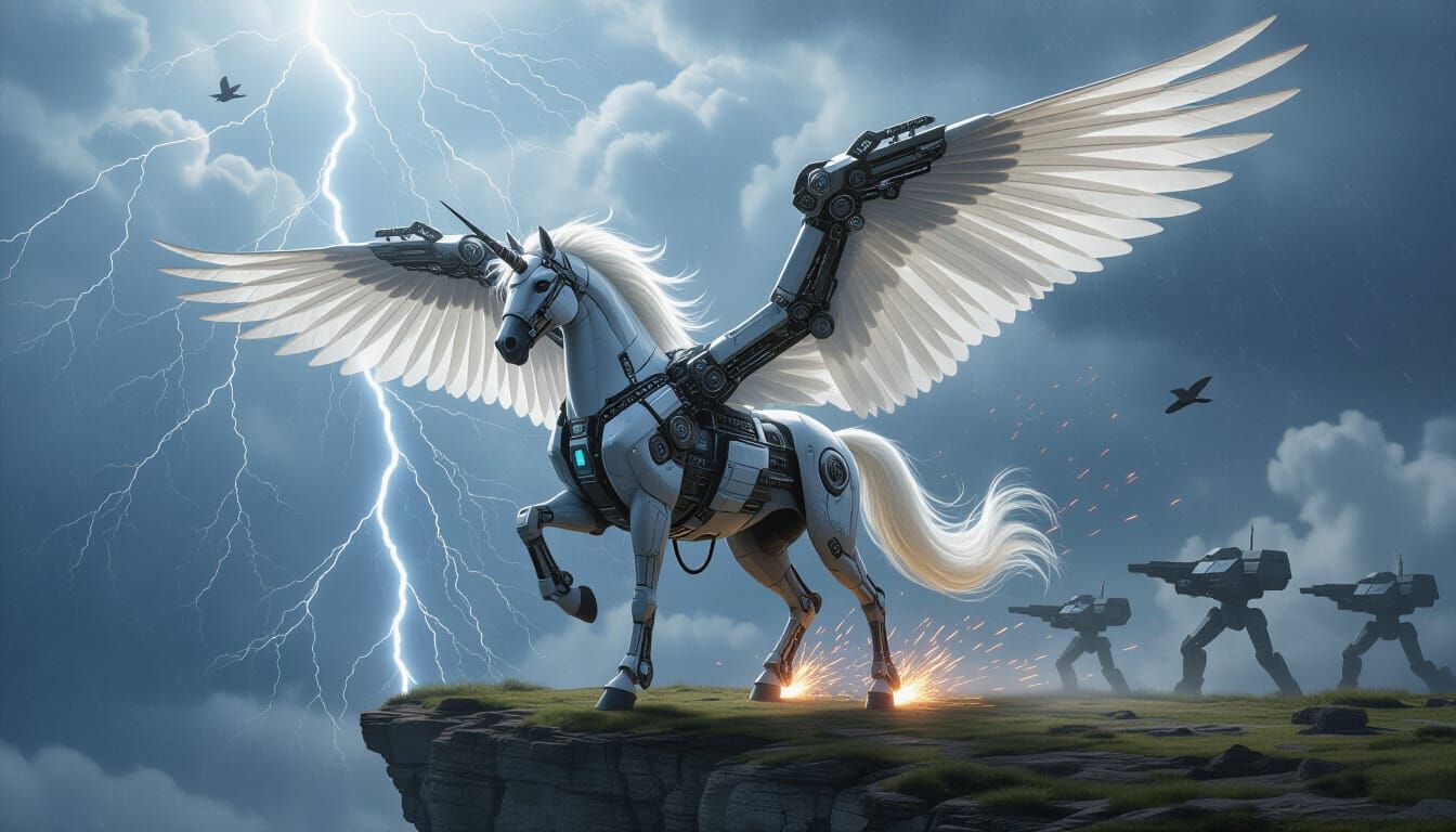 Cybernetic Pegasus Awaits Storm on Cliff Edge