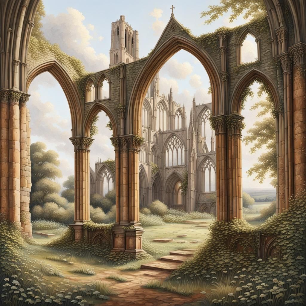 Picturesque Cathedral Ruin Painting in English Countryside