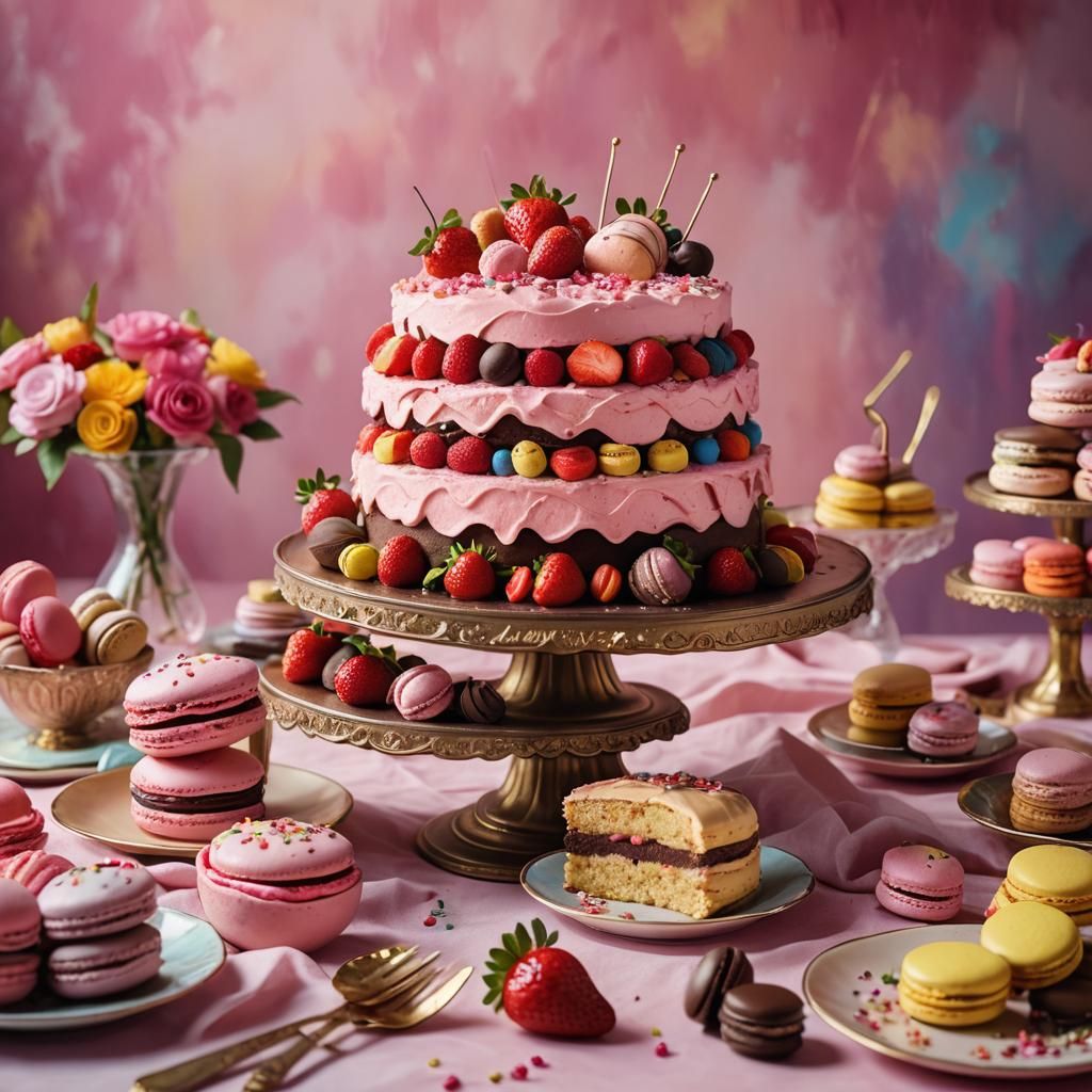 Strawberry Cake Surrounded by Macarons in Fantasy Art